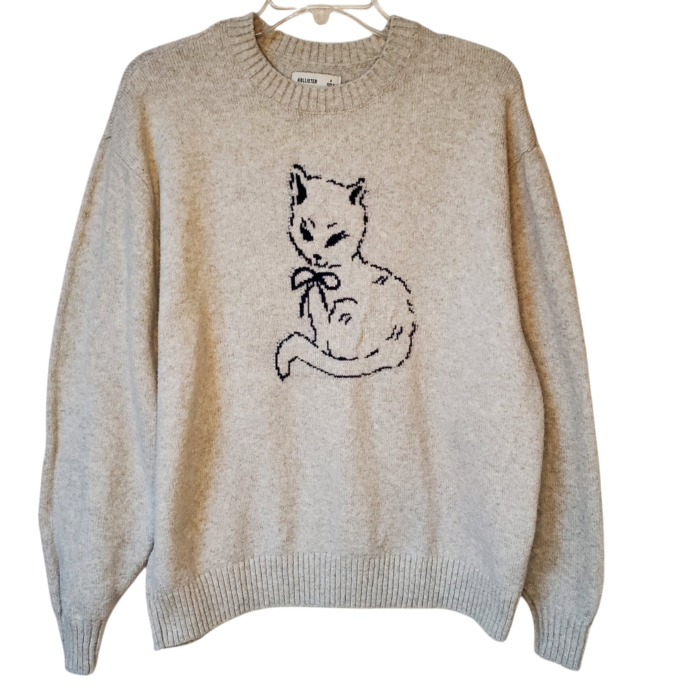 Hollister Cozy Cat Sweater Gray Size S Kitty Pullover Crew Neck Kitten Top